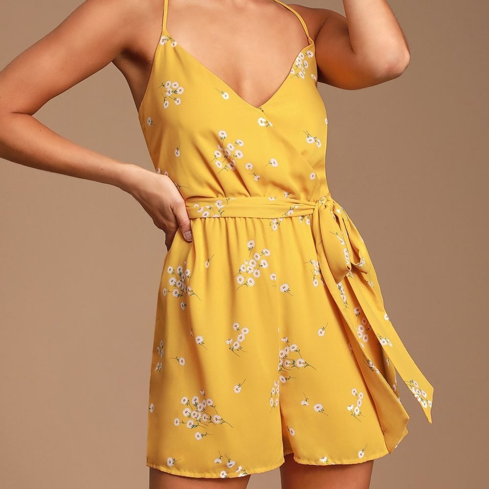 BRAND NEW Chic Yellow Floral Print Surplice Romper